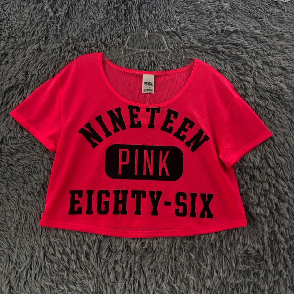 Pink Victorias Secret Shirt Womens Small Pink Mesh NWT 1986 Spellout Crop Top